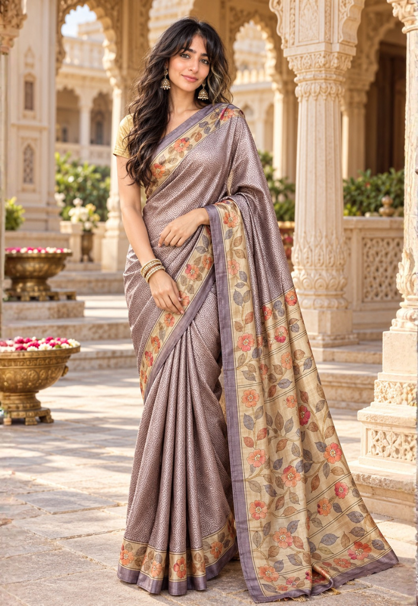 Lilac art silk saree with floral border