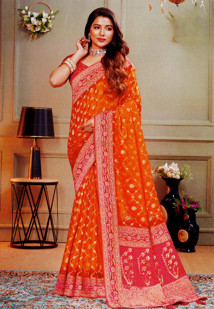 Marigold yellow banarasi style stonework saree