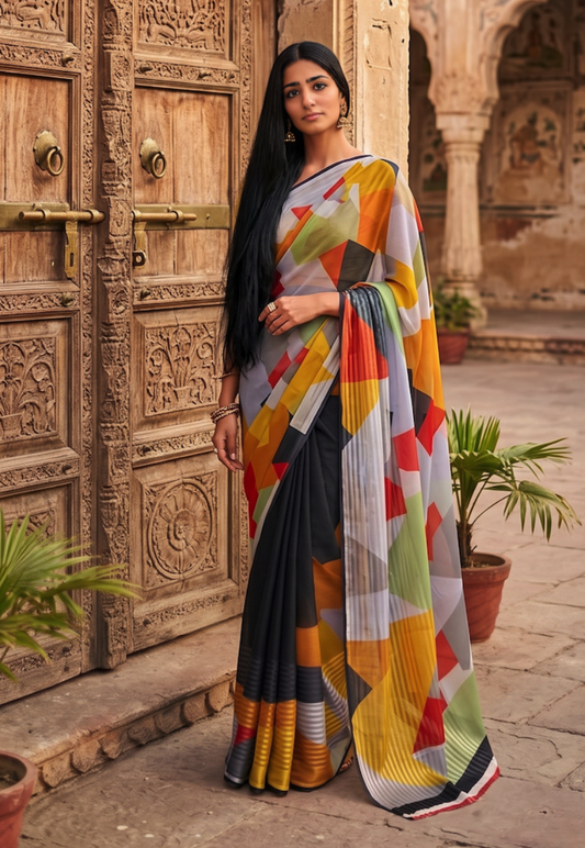 Charcoal grey chiffon saree with metallic silver pinstripes pattern featuring multicolour palette of mustard, yellow and coral red