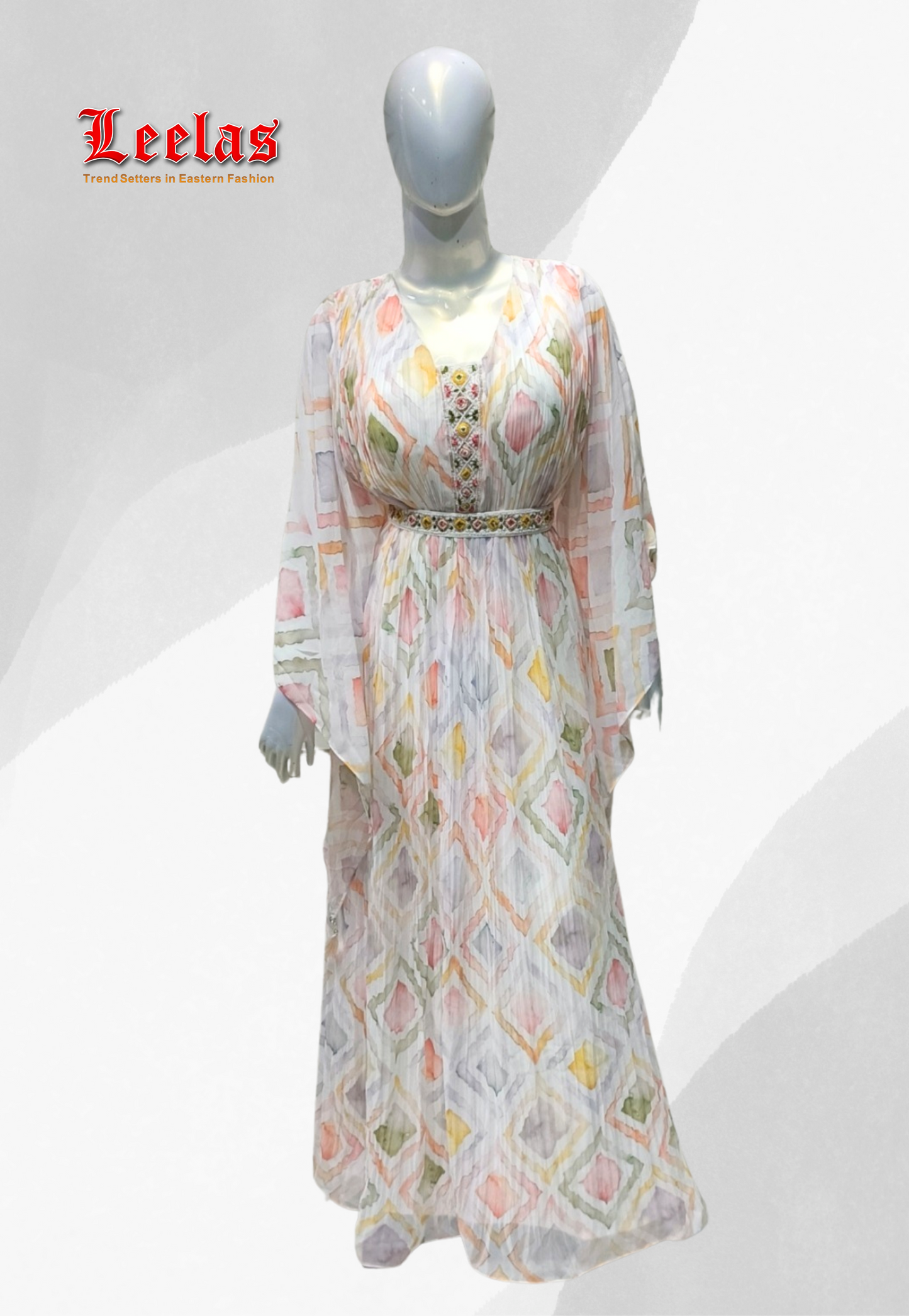 White and multi-coloured pastel shade printed long sleeve georgette dress