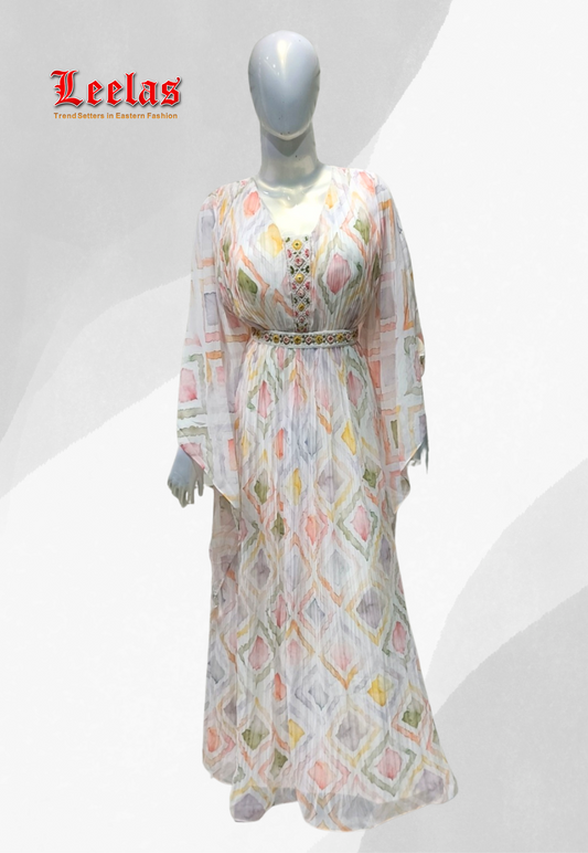 White and multi-coloured pastel shade printed long sleeve georgette dress