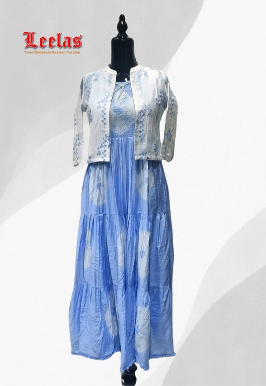 Sky blue and white tie dye sleeveless cotton dress with white silk jacket