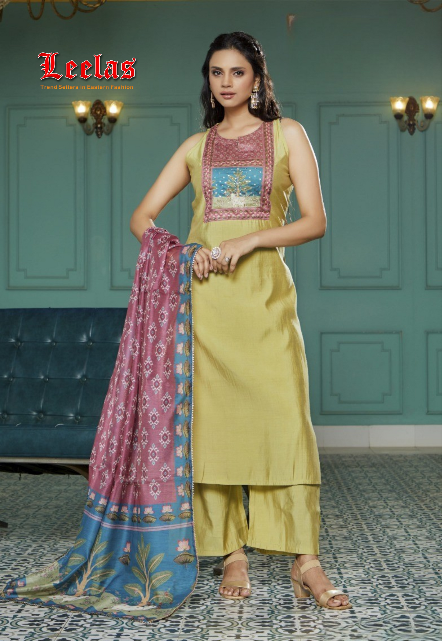 Olive green floral printed silk salwar kameez with pink and blue bodice