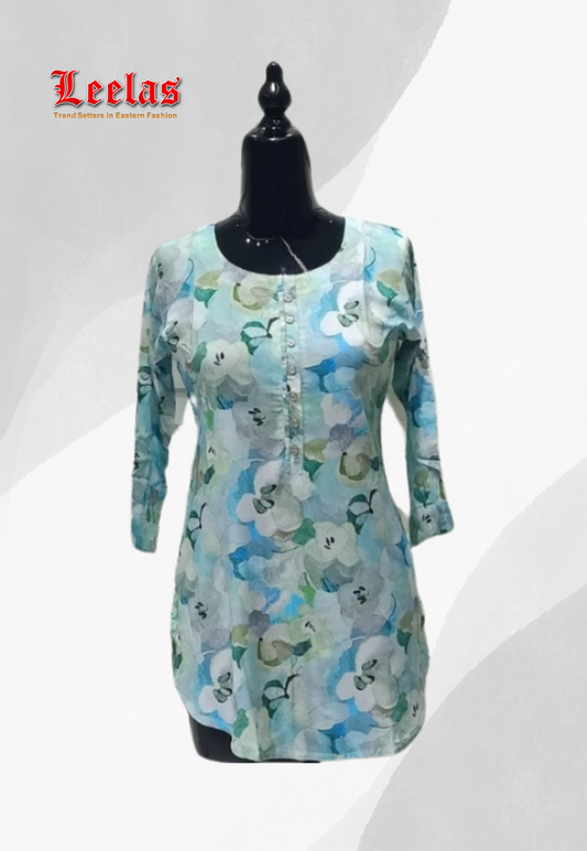 Green and blue  floral printed viscose kurti top