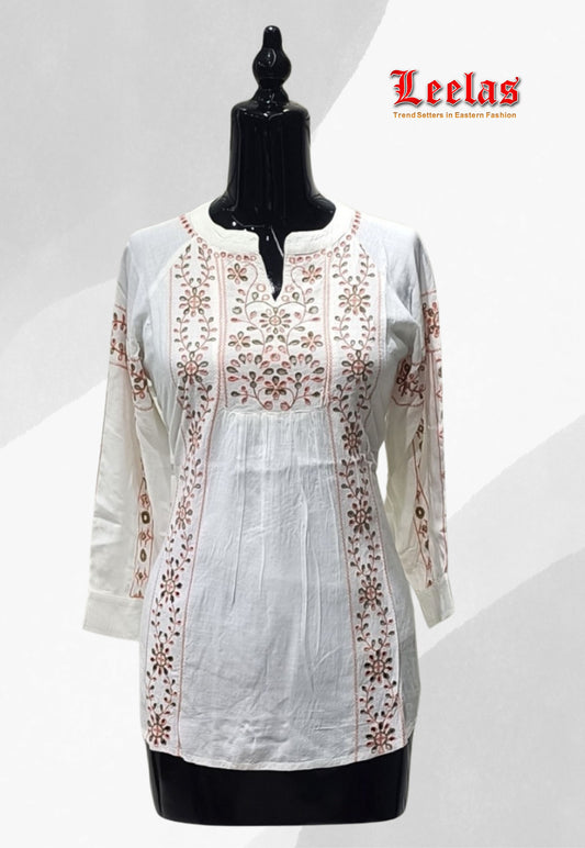 Offwhite cotton kurti top with peach and khaki embroidery