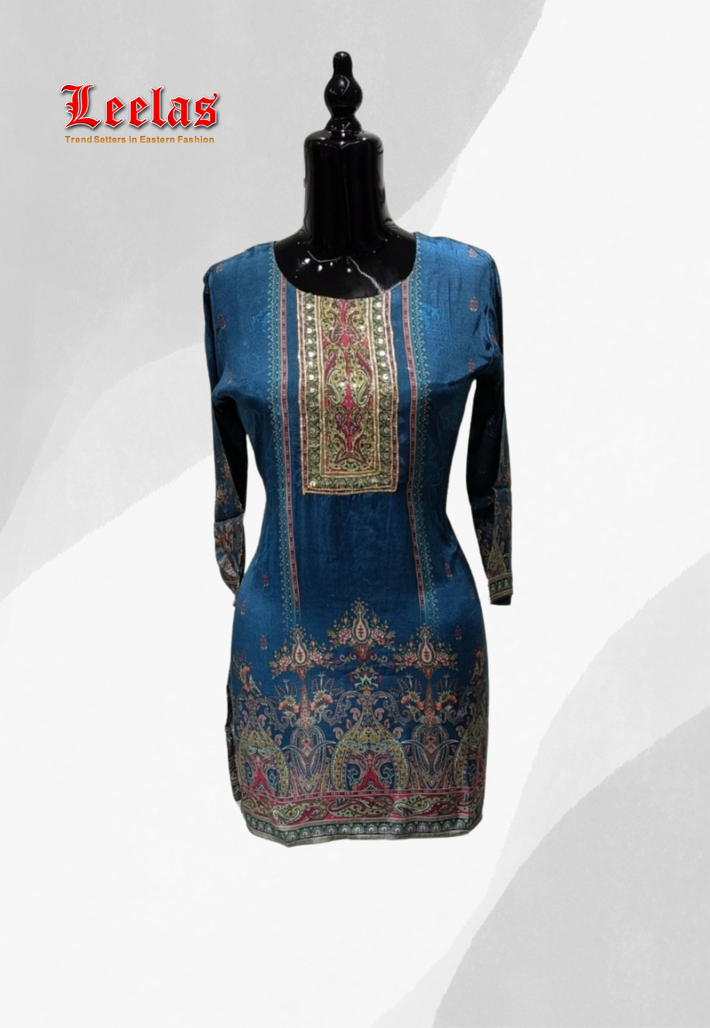 Teal printed silk kurti top with sequins and embroidery