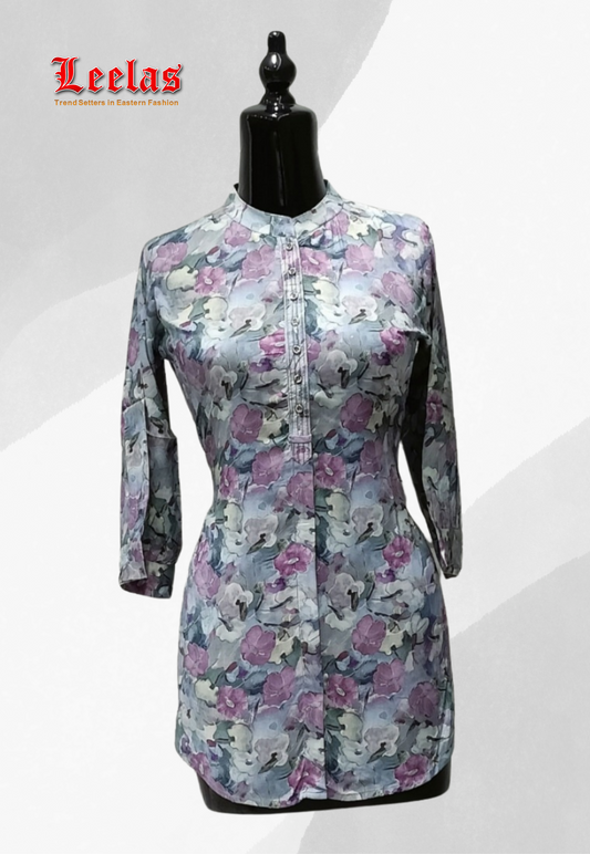 Grey and lilac floral silk kurti top