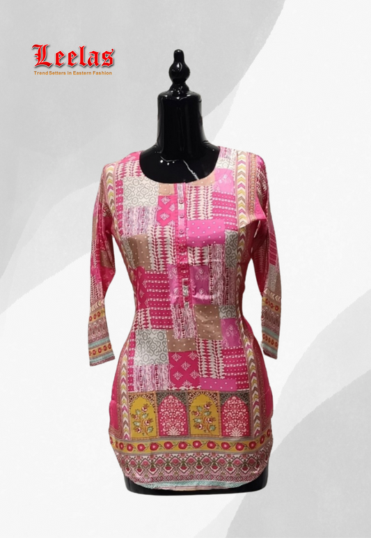 Cerise pink, beige and mustard floral silk kurti top