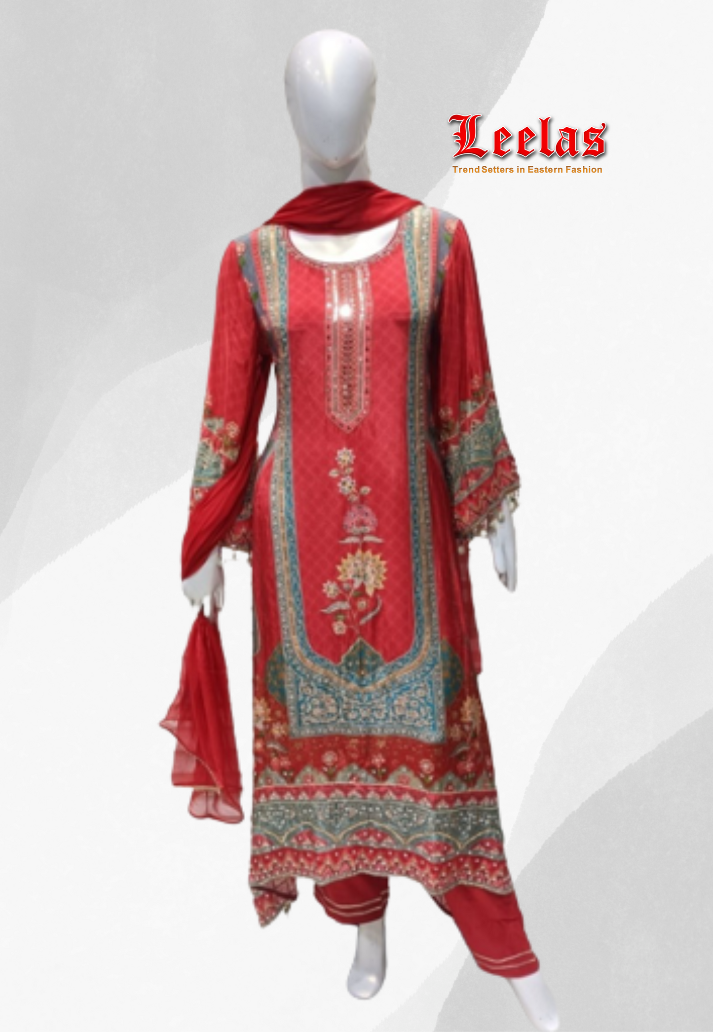 Red and turquoise silk salwar kameez with mirror and sequins