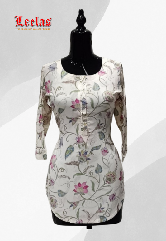 Cream and multi-colour floral viscose kurti top