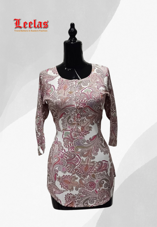 Offwhite kurti top with pink and beige paisely print