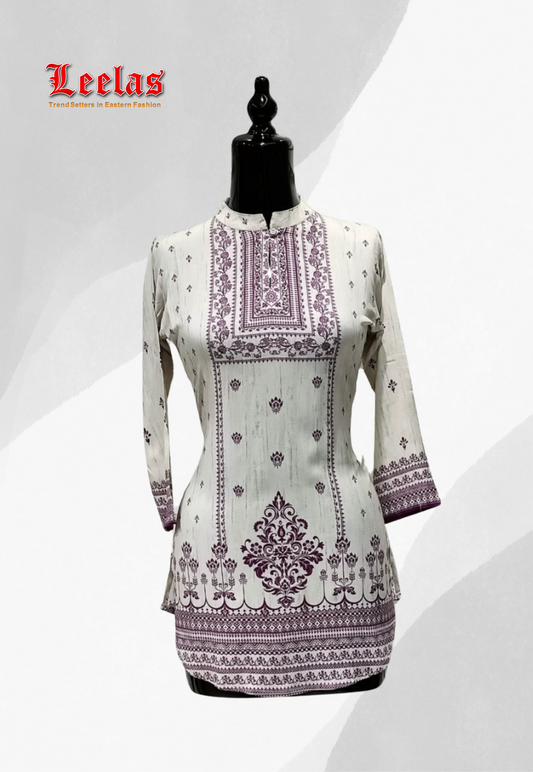 Beige and deep plum digital printed silk kurti top