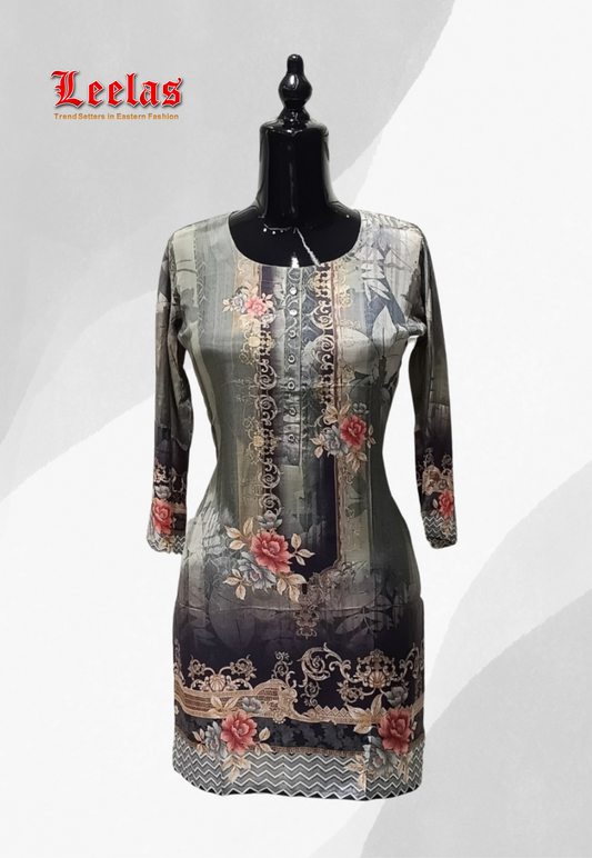 Grey and olive green floral printed silk kurti top