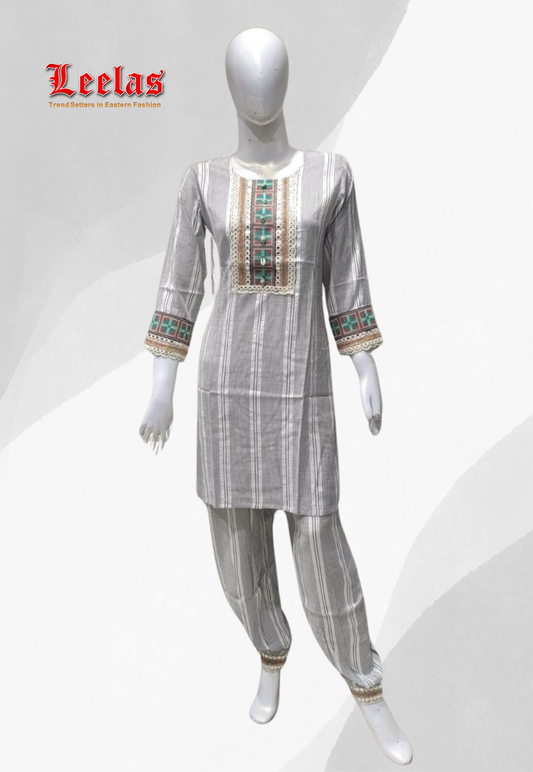 White and black striped cotton kurti top with matching white and black cotton striped pants