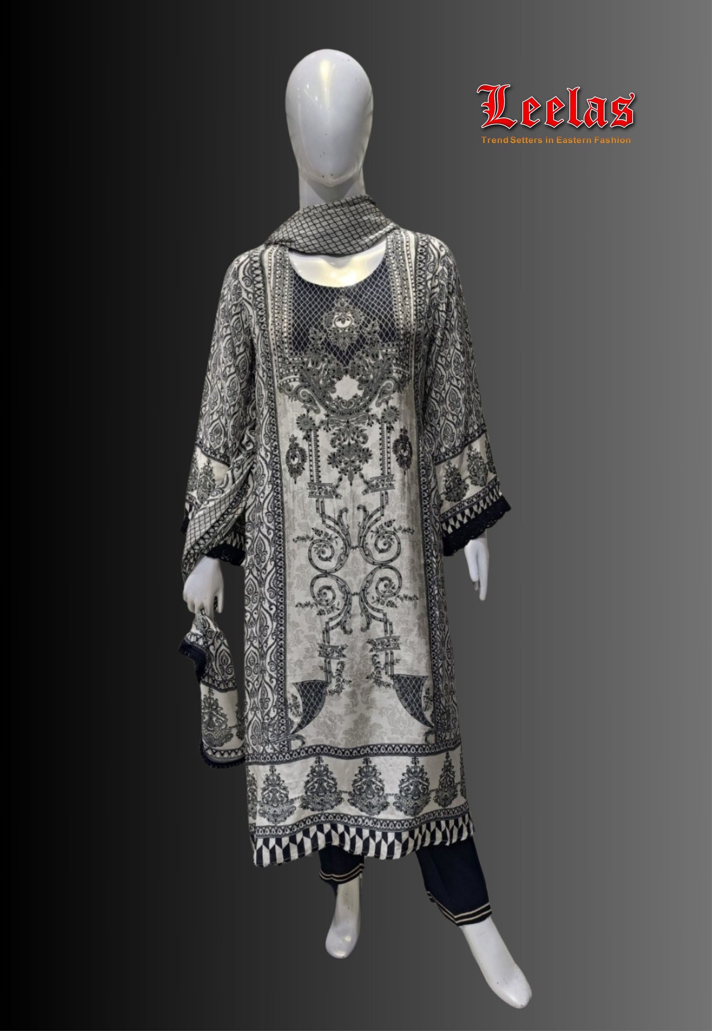 Black and cream printed silk salwar kameez with stonework with matching dupatta