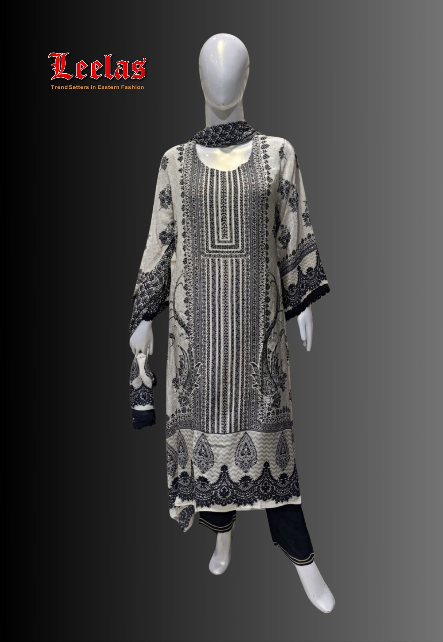 Black and cream printed silk salwar kameez with stonework with matching dupatta