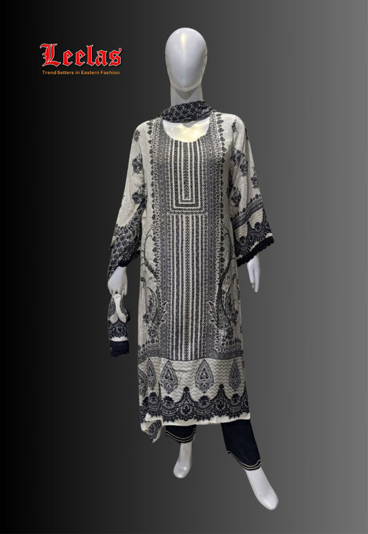 Black and cream printed silk salwar kameez with stonework with matching dupatta
