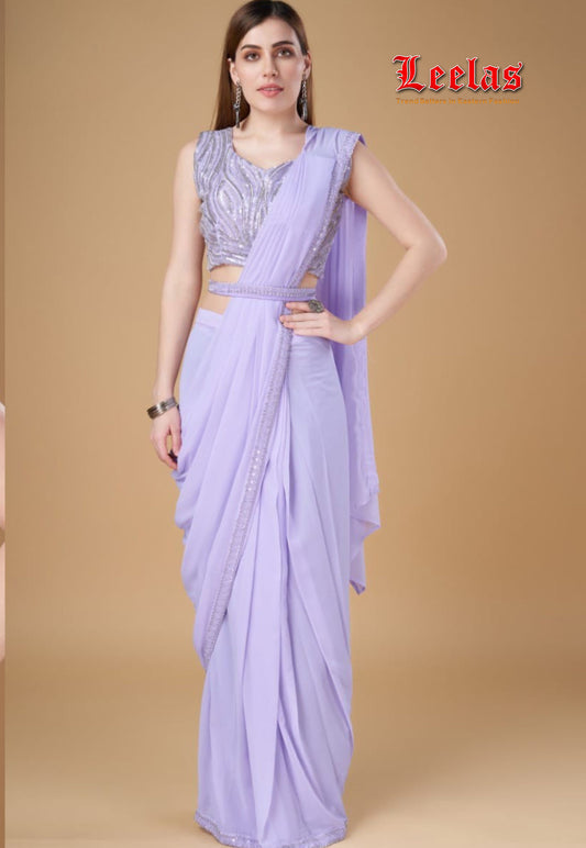 Lilac georgette ready stitched saree with full  silver beaded sleeveless ready made blouse, with unstitched sleeves and matching saree belt