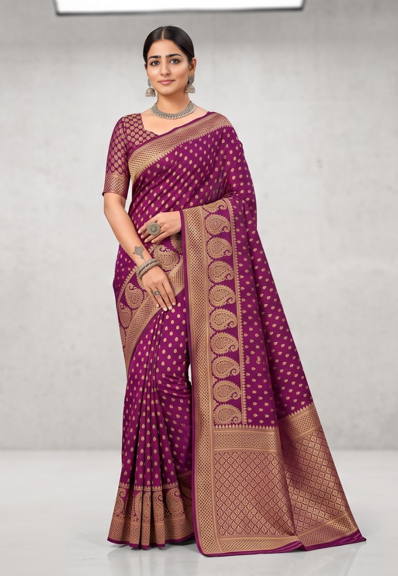 Deep wine banarasi style silk saree with zari border