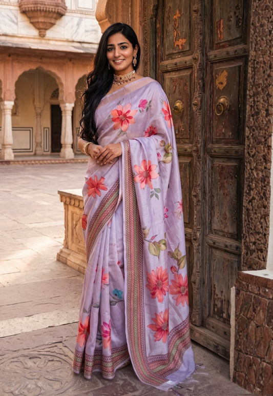 Lilac art silk saree adorned with floral digital print in shades of pink, orange and coral with zari border