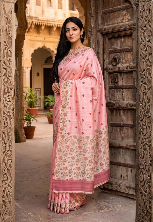 Traditional pink saree with digital floral border inspired with intricate floral embroidery motifs