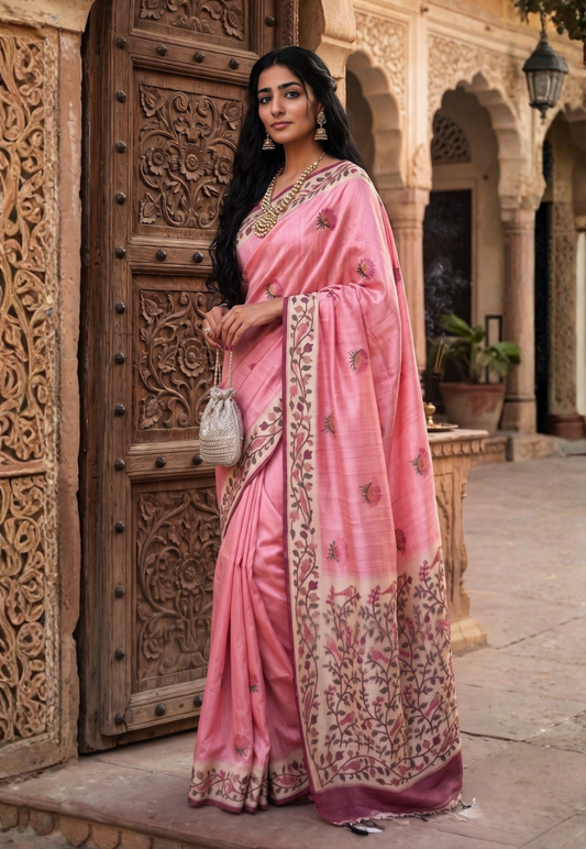 Subtle sheen textured saree in soft blush pink with floral and vine pattern border in lavender tones with embroidery motifs