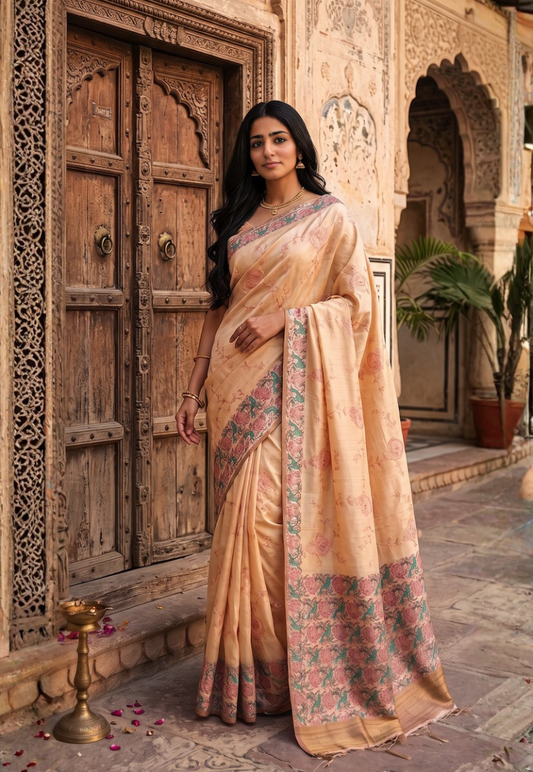 Soft golden sheen textured saree with decorative floral border and detailed embroidered motifs