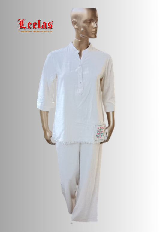 Beige Linen Chinese Collar Top with embroidery detail and matching pants