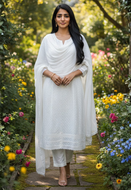 White cotton embroidered round neck chikankari anarkali style salwar kameez with matching dupatta