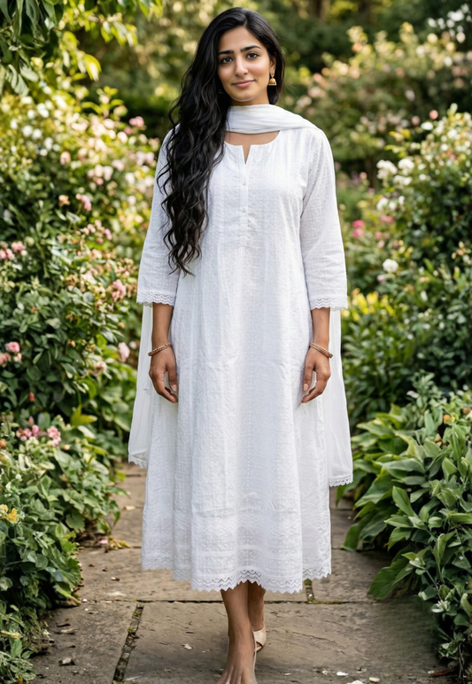 White cotton embroidered chikankari anarkali salwar kameez