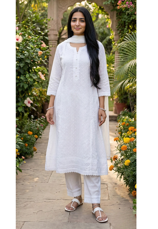 White cotton embroidered chikankari anarkali salwar kameez with matching dupatta