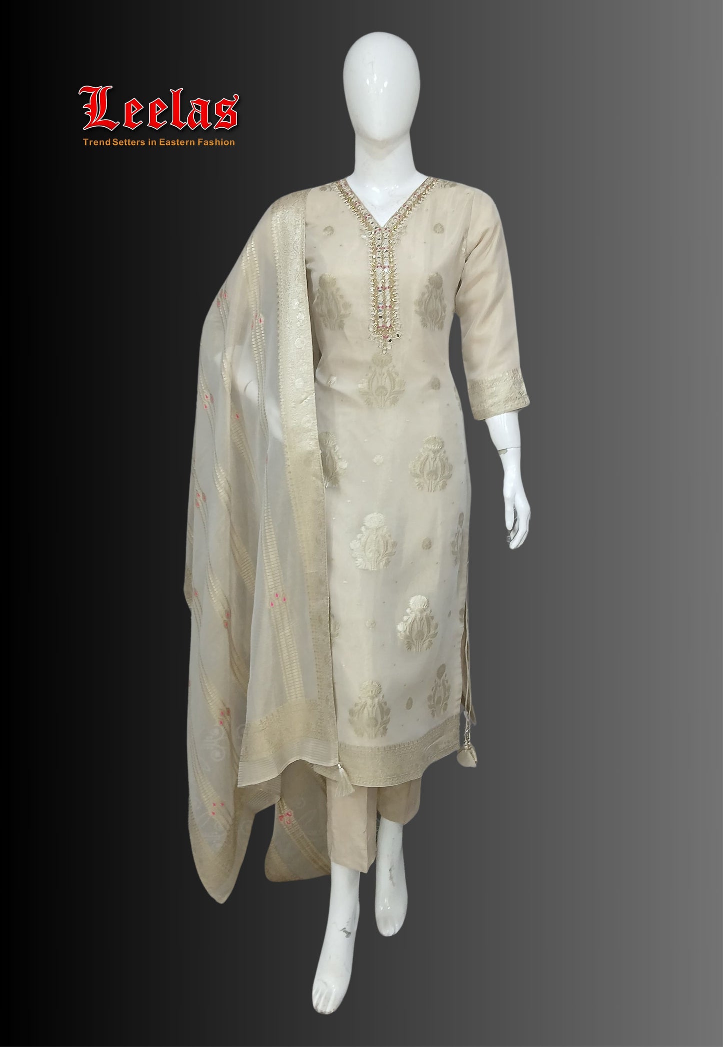 Beige and gold embossed salwar kameez with stone, mirror and bead work and matching dupatta