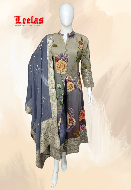 Olive green and lilac floral printed salwar kameez with mirror and bead work
