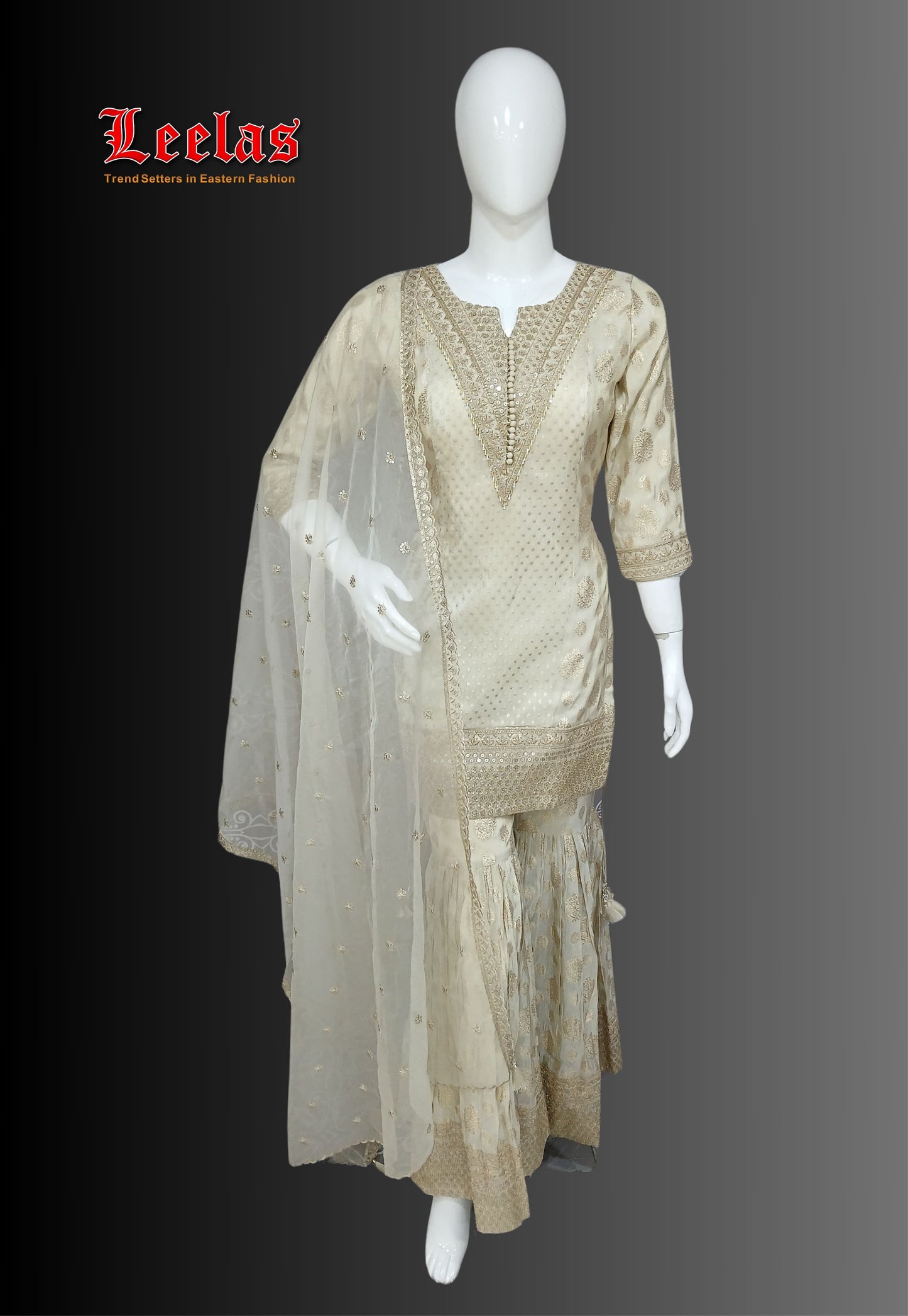 Cream and gold garara with sequin and matching dupatta