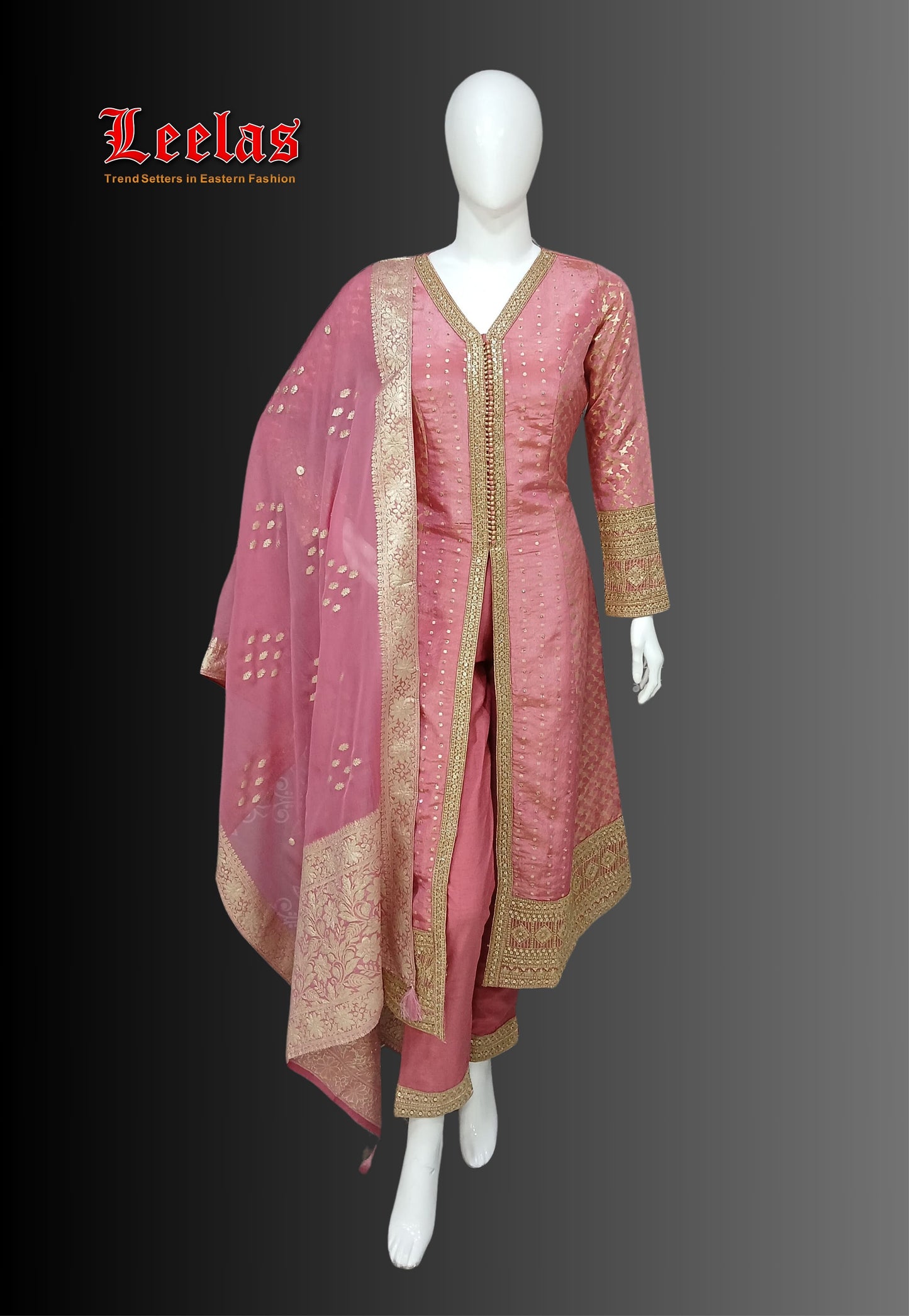 Gauva and gold embossed salwar kameez with sequin and stonework and matching dupatta
