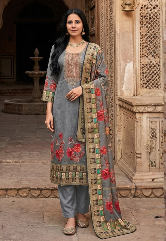Floral grey cotton silk salwar kameez with pants