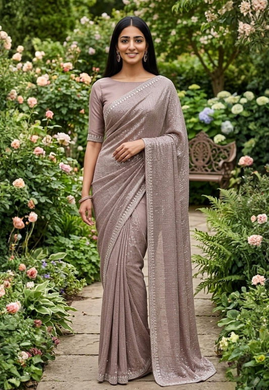 Metallic nude taupe heavily mesh net saree adorned with intricate sequins and stonework
