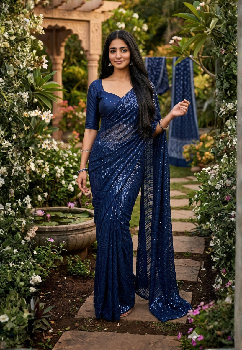 Royal blue mesh net saree with full sequins