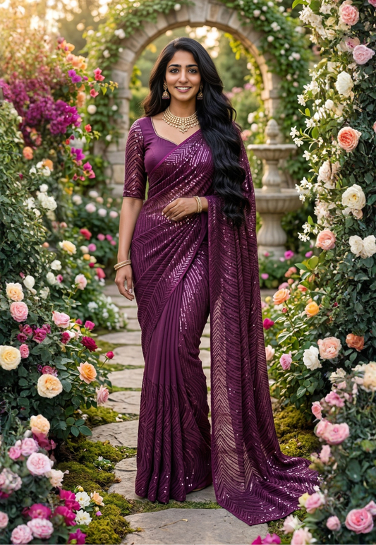 Purple plum mesh net saree with full sequins