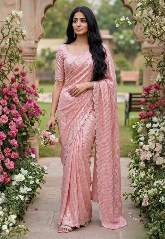 Blush peach mesh net saree heavily embellished with full sequins and scalloped stonework  border
