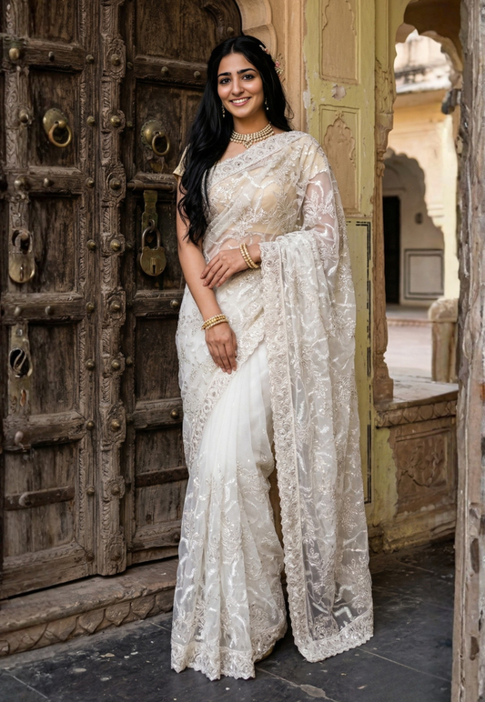 Sheer net off white saree with icy blue sequins and silver embroidery