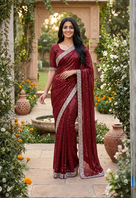 Fully sequined burgundy mesh net saree with heavy silver rhinestone border