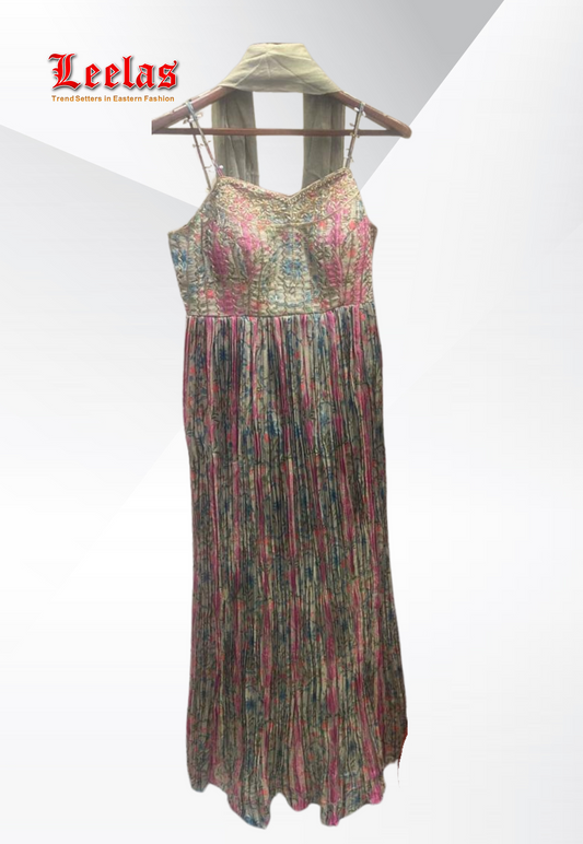 Dove grey silk floral pleated gown