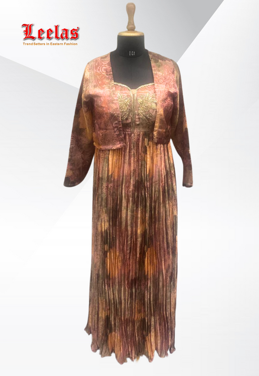 Rust, dusty pink and gold abstract ladies silk gown