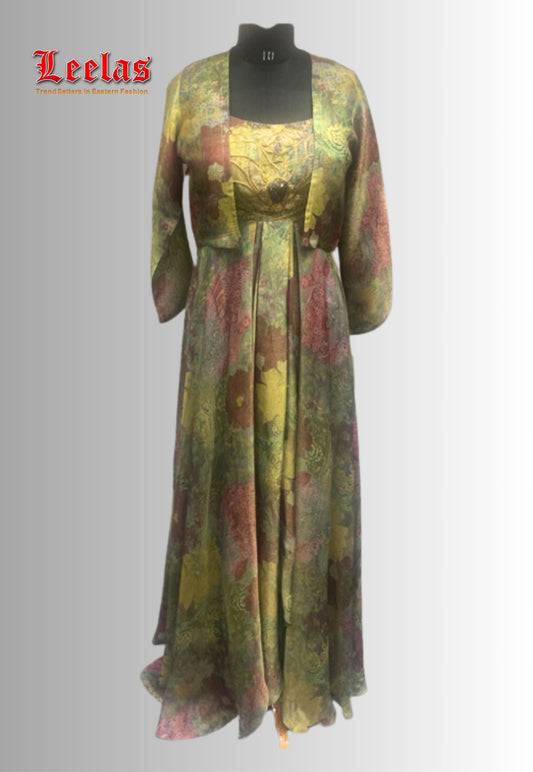 Olive green and maroon tissue silk long gown with bead and sequins work on bodice and matching jacket