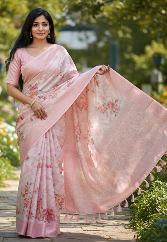 Rose pink art silk floral saree