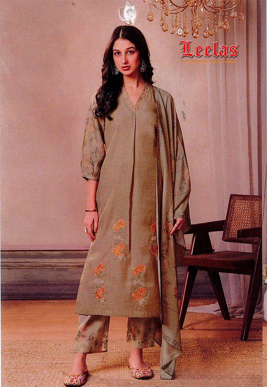 Khaki and gold silk salwar kameez
