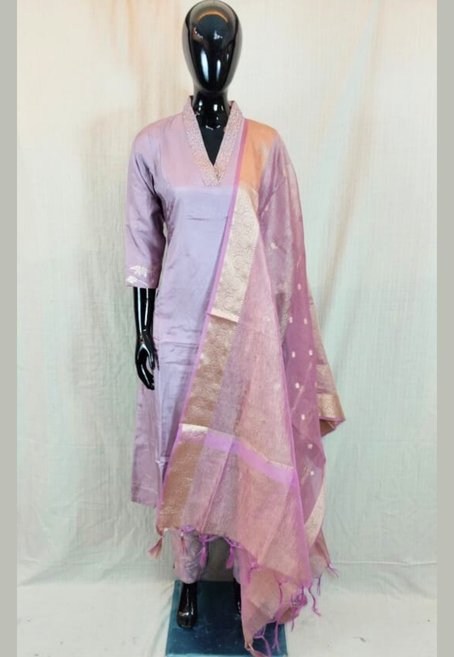 Lilac silk salwar kameez with gold  beadwork on neckline