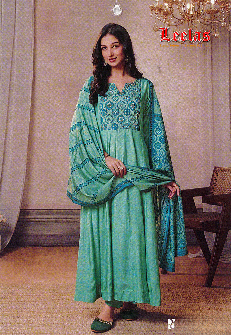 Light turquoise and jade printed silk salwar kameez