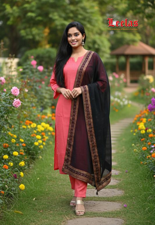 Samon silk salwar kameez with gold detail on top and matching pants